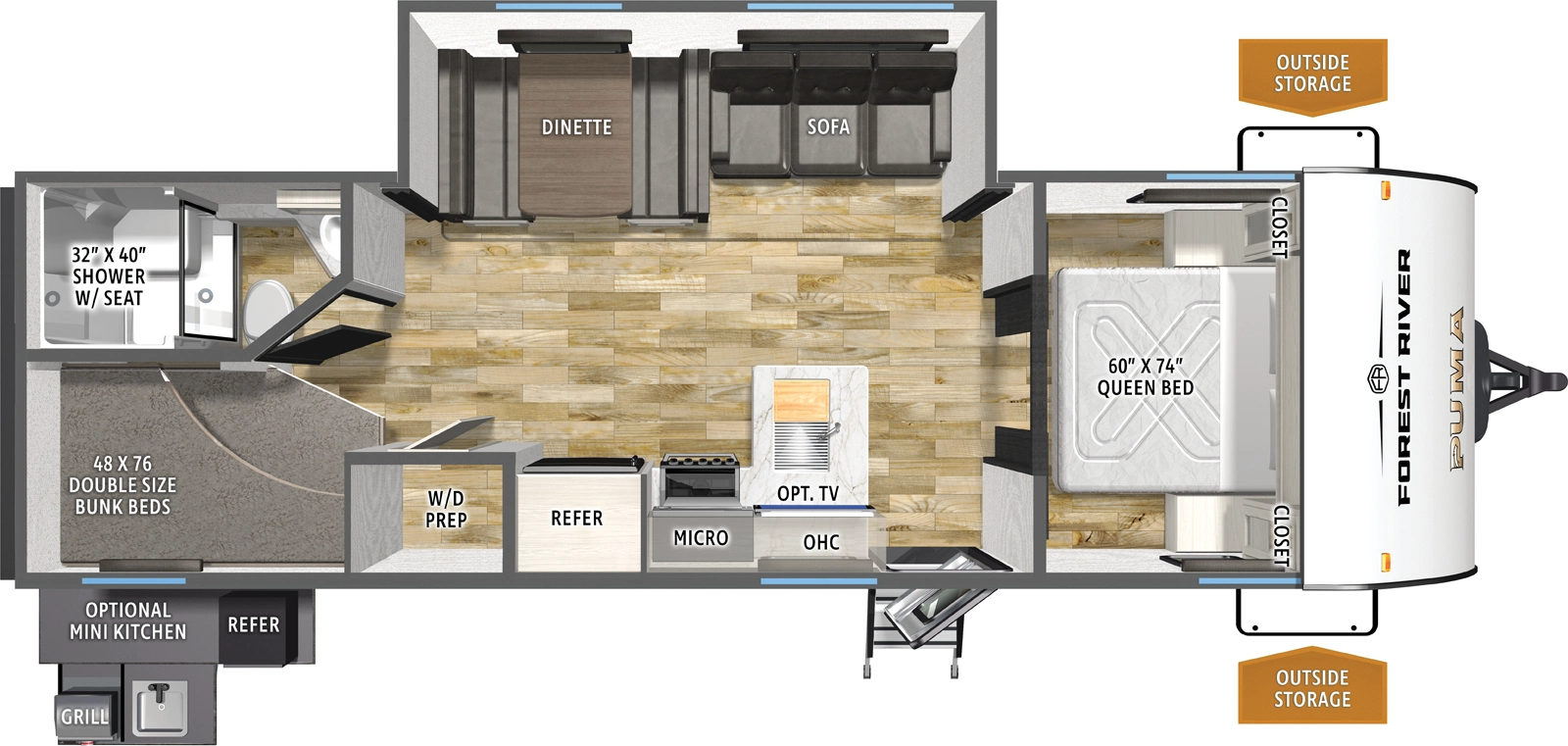 The Puma Camping Edition 283BHCE floorplan has one entry and one slide out. Exterior features include: metal exterior, 15' awning and outside kitchen. Interiors features include: bunk beds and front bedroom.